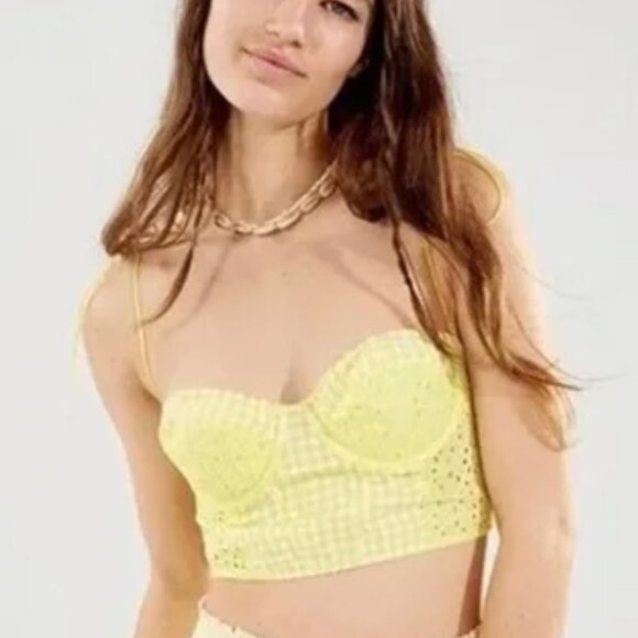 URBAN OUTFITTERS Sweet On You Gingham Eyelet Lace Bustier Top Yellow Cottage NWT - Picture 1 of 10